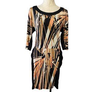 BCBGMaxAzria Dress Orange Black White L Large Stretch 3/4 Long Sleeve Washable